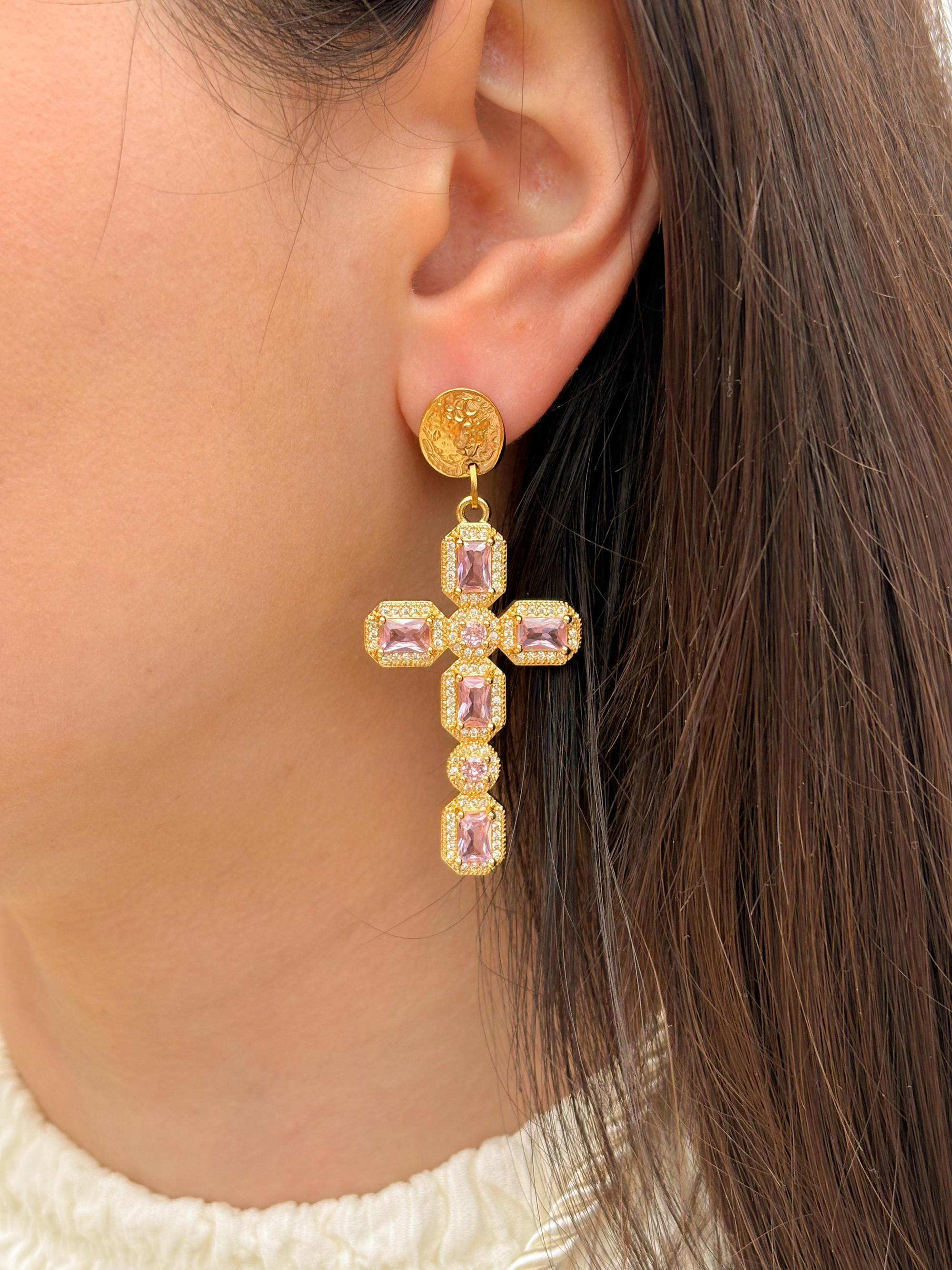 Querida - Boucles Pendantes Croix Roses
